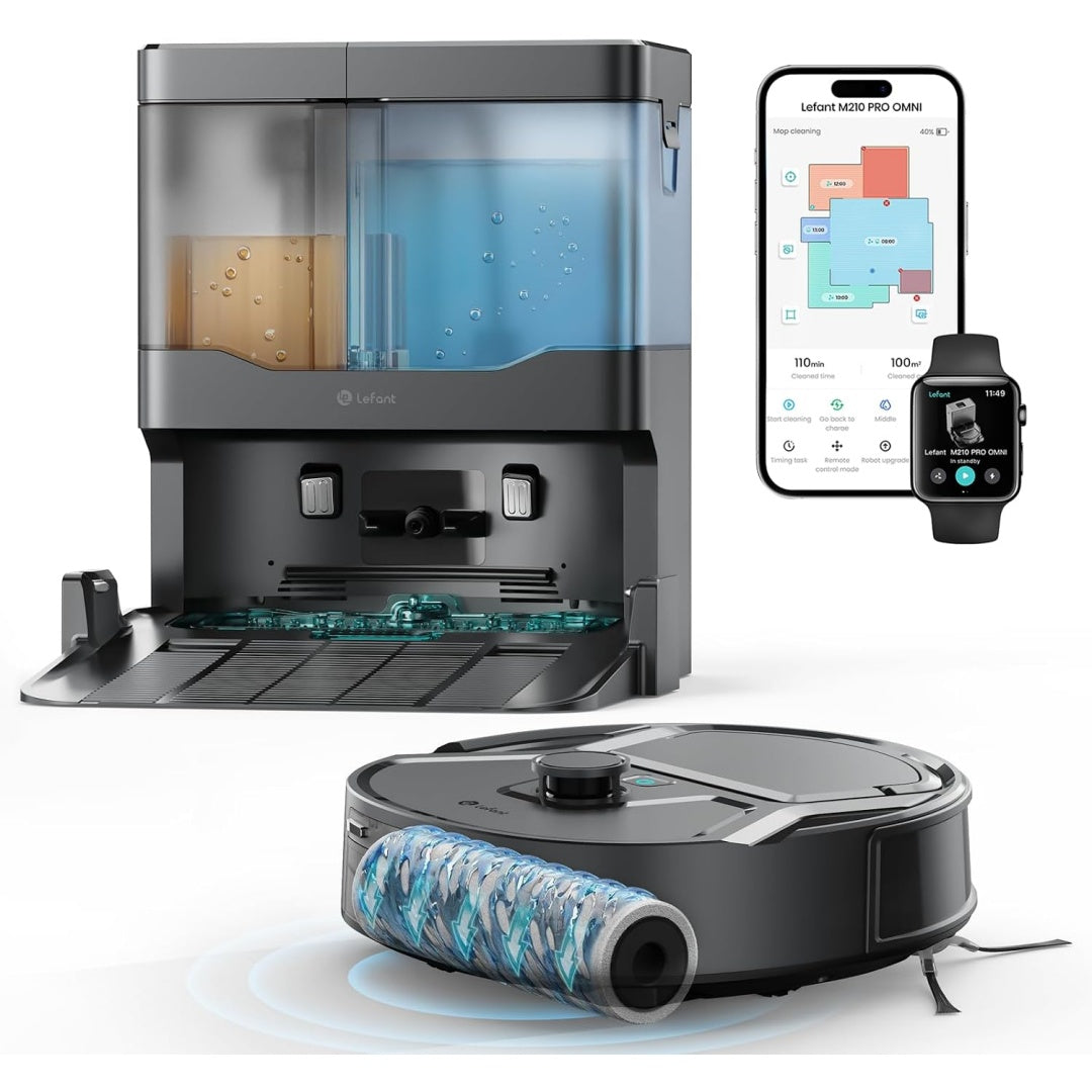 Cet ensemble robot et base de lavage associe le nettoyage des tissus et le nettoyage automatise des sols
