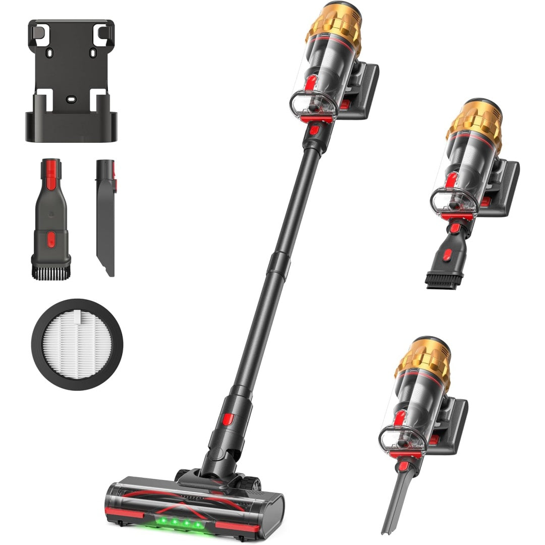 Cet aspirateur au format balai associe la collecte de la poussiere et une capacite annoncee de 2200 mAh