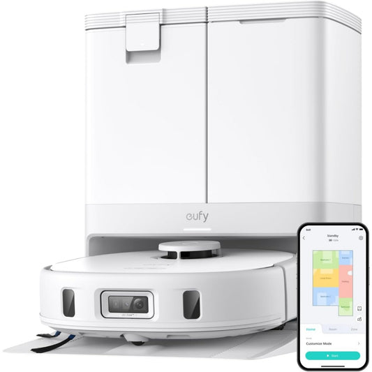 Cet ensemble robot et base de lavage associe l'entretien des tapis et la collecte de la poussiere