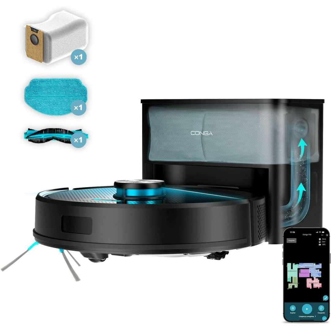 Robot avec base de collecte alliant l'entretien des tapis et la collecte avec sac